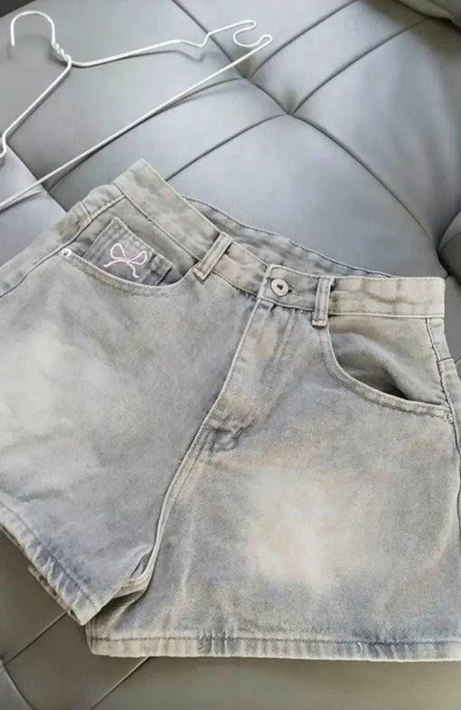 Mã x226 Quần short jean nữ thêu nơ lưng cao không co giãn