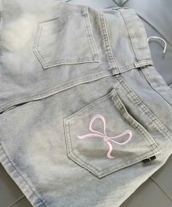 Mã x226 Quần short jean nữ thêu nơ lưng cao không co giãn