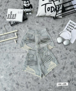 Quần shorts jeans nữ lưng cao không co giãn xả lai kẻ sọc