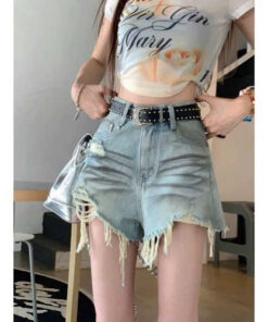 Quần shorts jeans nữ lưng cao không co giãn xả lai kẻ sọc