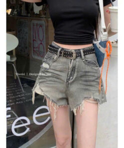 Quần shorts jeans nữ lưng cao không co giãn xả lai kẻ sọc