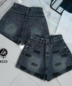 Quần short jean nữ lưng cao không co giãn thêu chữ thời trang