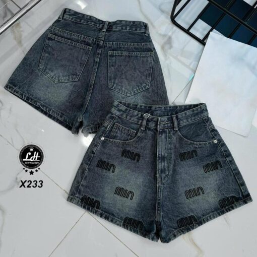 Quần short jean nữ lưng cao không co giãn thêu chữ thời trang