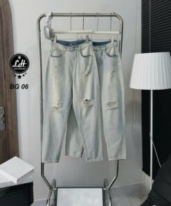 Quần baggy jean nữ lưng cao không co giãn rách rối