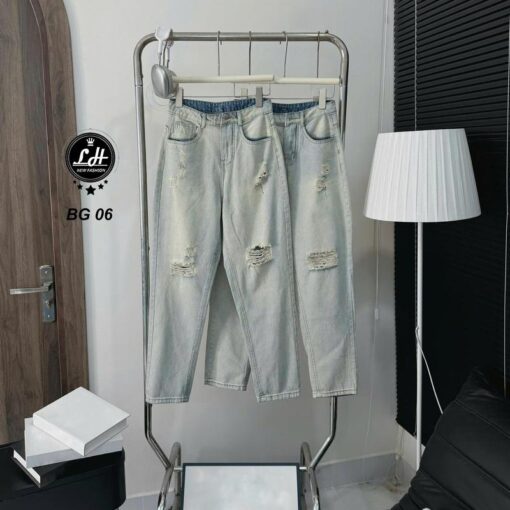 Quần baggy jean nữ lưng cao không co giãn rách rối