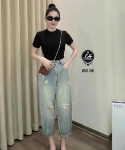 Quần baggy jean nữ lưng cao không co giãn rách rối