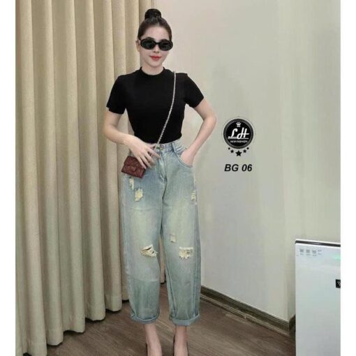 Quần baggy jean nữ lưng cao không co giãn rách rối