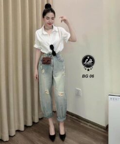 Quần baggy jean nữ lưng cao không co giãn rách rối