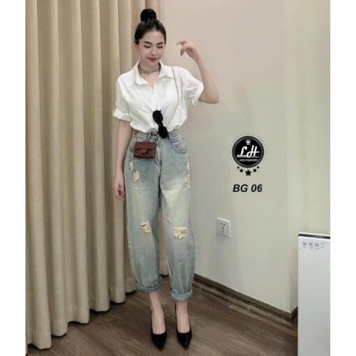 Quần baggy jean nữ lưng cao không co giãn rách rối