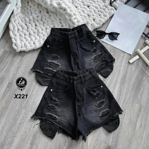 Quần short jean nữ lưng cao không co giãn rách túi cá tính