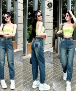 Quần baggy jean nữ lưng cao không co giãn lưng chun khoét túi sau