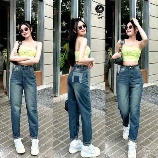 Quần baggy jean nữ lưng cao không co giãn lưng chun khoét túi sau