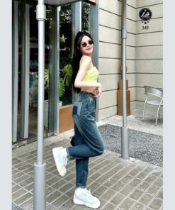 Quần baggy jean nữ lưng cao không co giãn lưng chun khoét túi sau