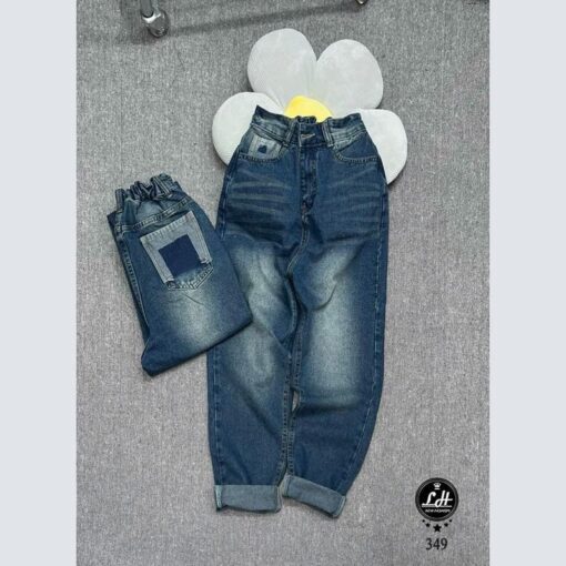 Quần baggy jean nữ lưng cao không co giãn lưng chun khoét túi sau