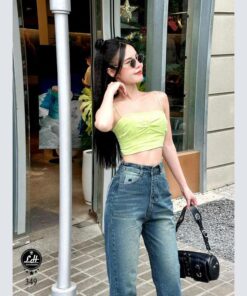 Quần baggy jean nữ lưng cao không co giãn lưng chun khoét túi sau