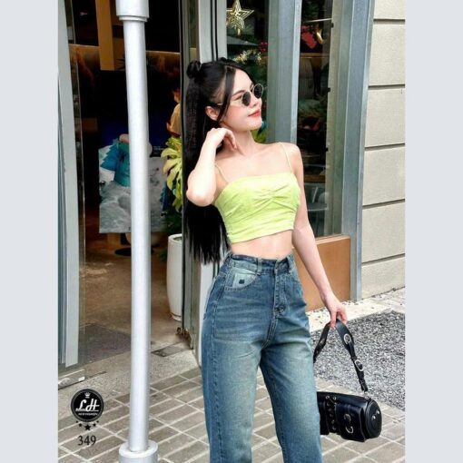 Quần baggy jean nữ lưng cao không co giãn lưng chun khoét túi sau