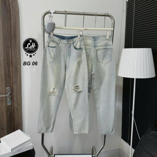 Quần baggy jean nữ lưng cao không co giãn rách rối