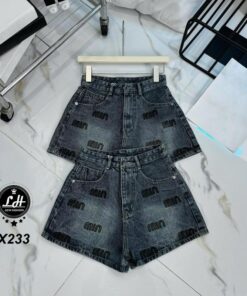 Quần short jean nữ lưng cao không co giãn thêu chữ thời trang