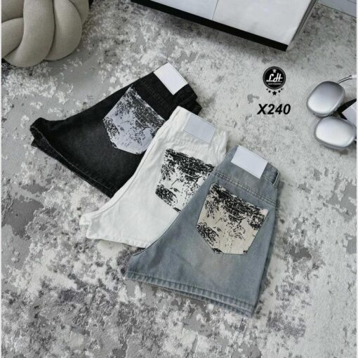 Mã x240 Quần short jean nữ lưng cao không co giãn túi sau in họa tiết