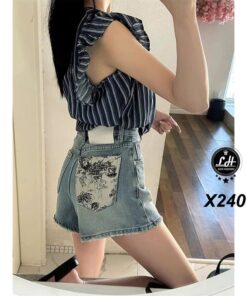 Mã x240 Quần short jean nữ lưng cao không co giãn túi sau in họa tiết