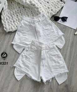 Quần short jean nữ lưng cao không co giãn rách túi cá tính