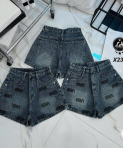 Quần short jean nữ lưng cao không co giãn thêu chữ thời trang