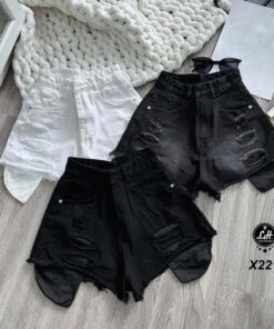 Quần short jean nữ lưng cao không co giãn rách túi cá tính