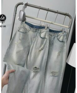 Quần baggy jean nữ lưng cao không co giãn rách rối