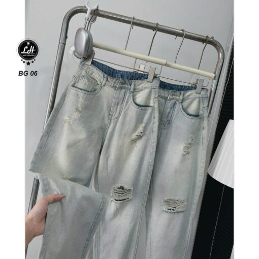 Quần baggy jean nữ lưng cao không co giãn rách rối