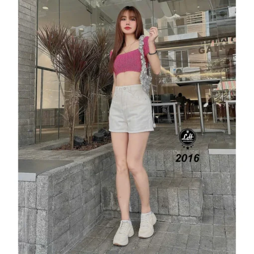 Quần short jeans nữ màu trắng clasic cạp cao không co giãn