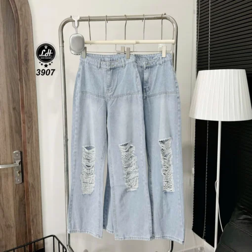 Quần jeans nữ ống rộng lưng cao không co giãn rách