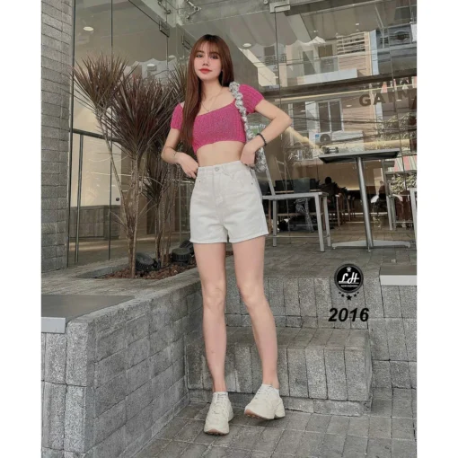 Quần short jeans nữ màu trắng clasic cạp cao không co giãn