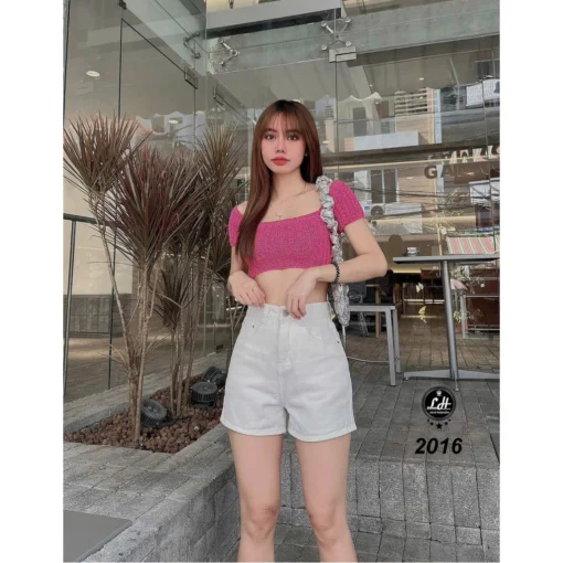 Quần short jeans nữ màu trắng clasic cạp cao không co giãn