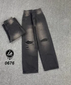 Quần jeans nữ ống rộng lưng cao không co giãn rách 2 gối