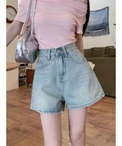 Quần short jean nữ lưng cao không co giãn thêu hoa nhí