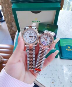 Đồng Hồ Rolex Nam Nữ dây demi gold rose viền đá cao cấp