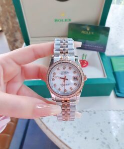 Đồng Hồ Rolex Nam Nữ dây demi gold rose viền đá cao cấp