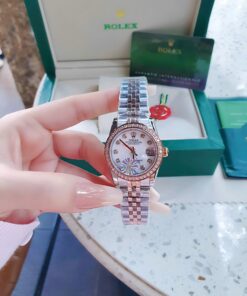 Đồng Hồ Rolex Nam Nữ dây demi gold rose viền đá cao cấp