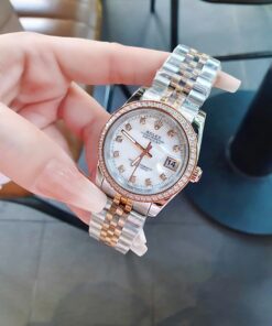 Đồng Hồ Rolex Nam Nữ dây demi gold rose viền đá cao cấp