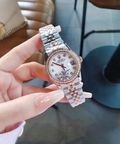 Đồng Hồ Rolex Nam Nữ dây demi gold rose viền đá cao cấp