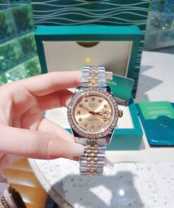 Đồng Hồ Rolex Nam Nữ dây demi gold rose viền đá cao cấp