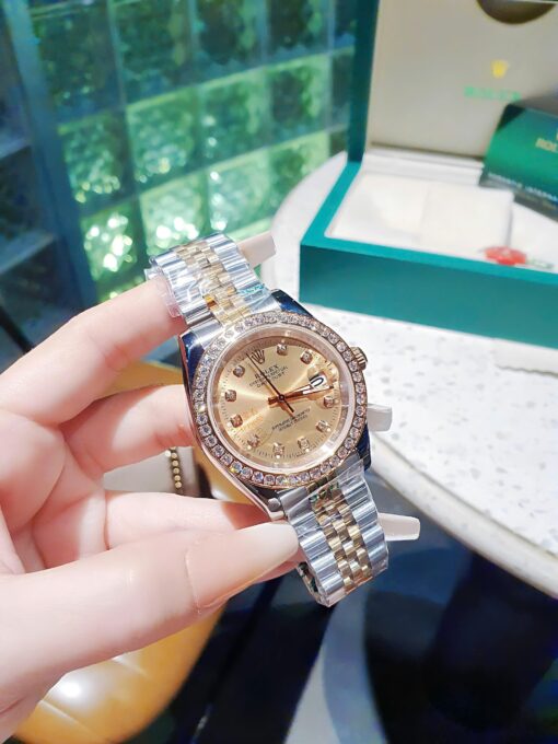 Đồng Hồ Rolex Nam Nữ dây demi gold rose viền đá cao cấp